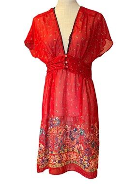 Kimchi Blue BohoSheer Red Deep V-Neck with Lace Accent Floral Border Mini Dress